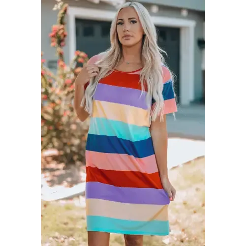Vibrant Color Block Side Slit Mini Dress for Effortless Style