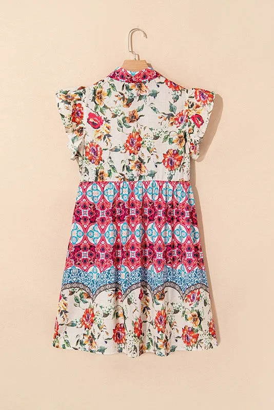 Vintage Boho Ruffle Rose Floral Mini Short Dress