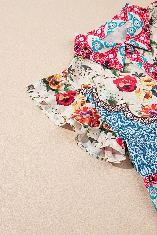 Vintage Boho Ruffle Rose Floral Mini Short Dress