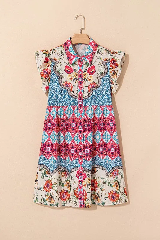 Vintage Boho Ruffle Rose Floral Mini Short Dress