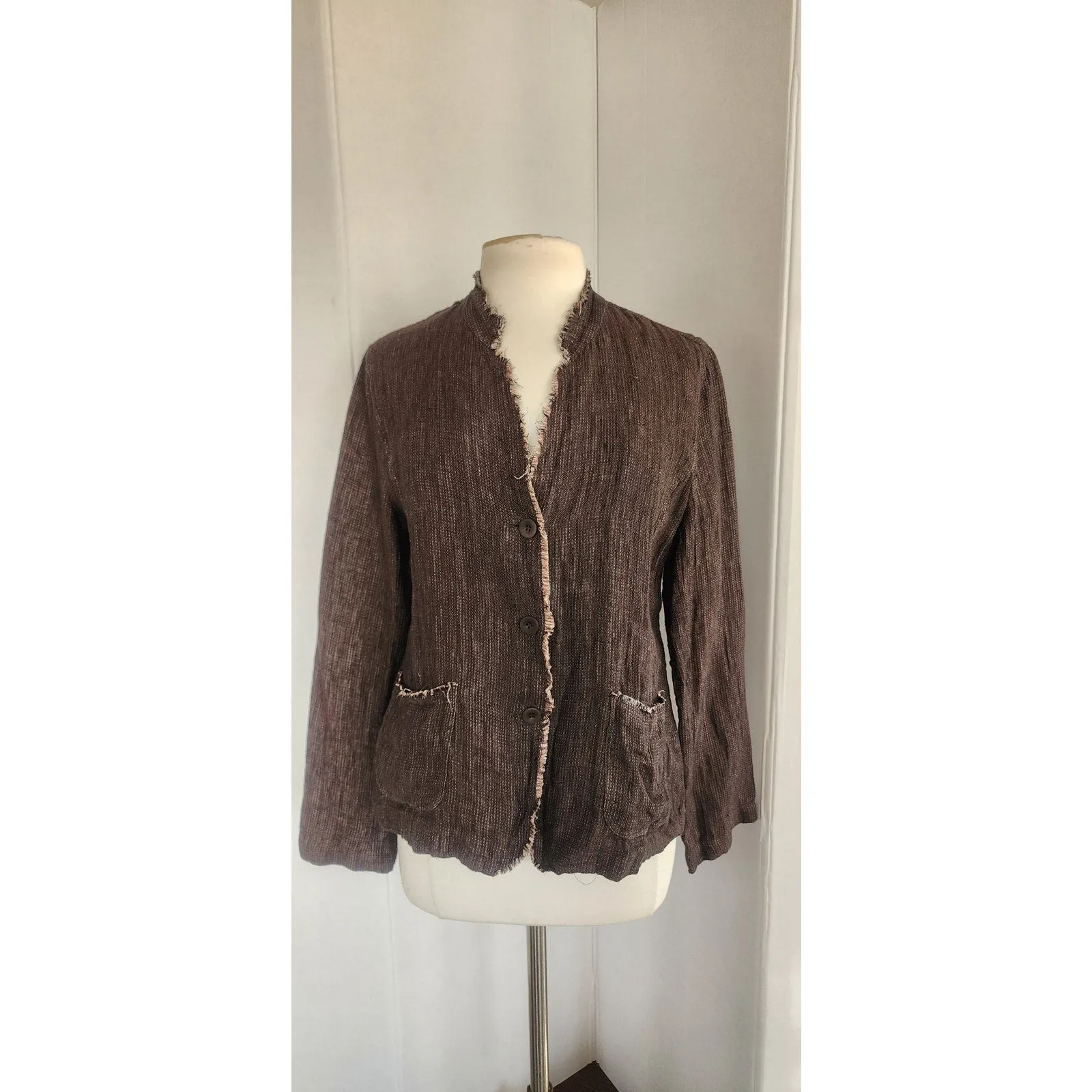 Vintage Y2K Eileen Fisher Brown Linen Jacket Raw Edge Button Down/ M