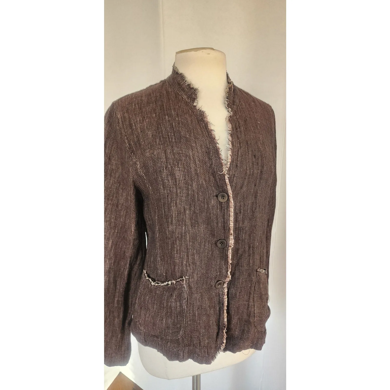 Vintage Y2K Eileen Fisher Brown Linen Jacket Raw Edge Button Down/ M