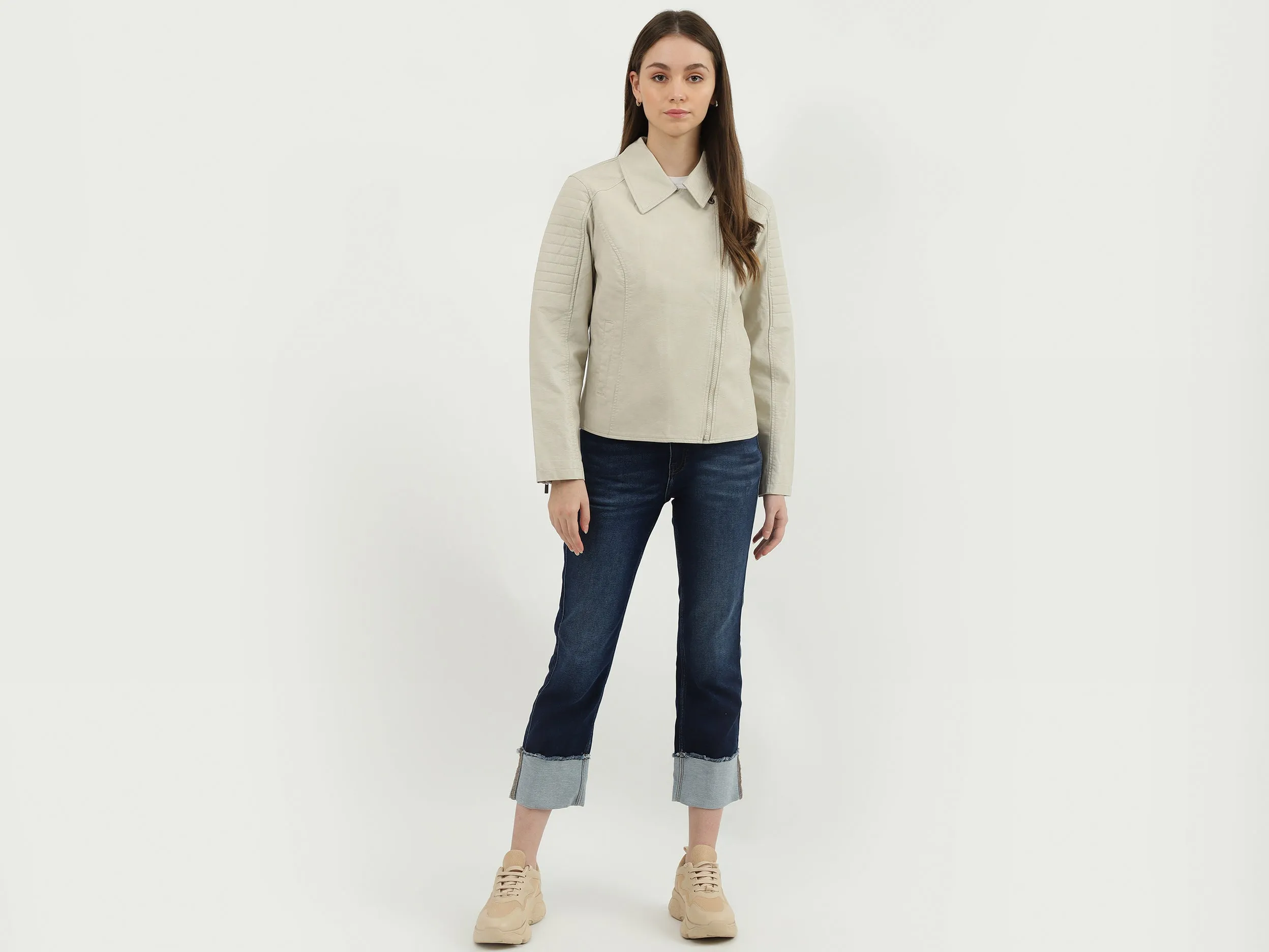 Women Solid Shirt Collar Jacket