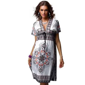 Women Summer Dress 1970s Vintage Paisley Print V Neck Hippie Bohemian Beach Dress