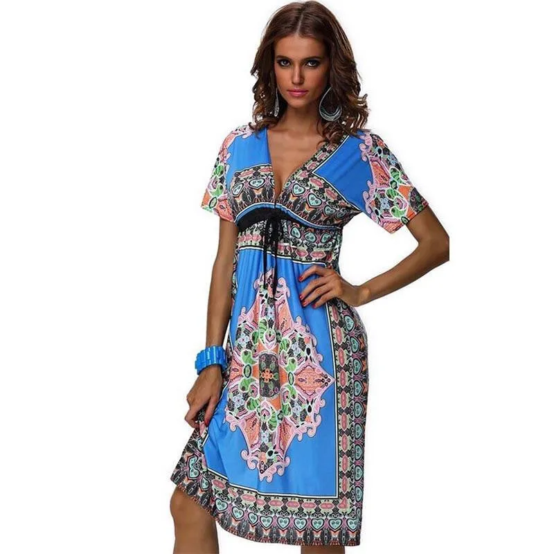 Women Summer Dress 1970s Vintage Paisley Print V Neck Hippie Bohemian Beach Dress