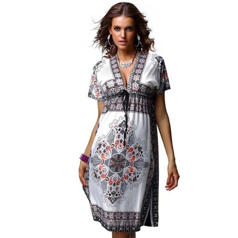 Women Summer Dress 1970s Vintage Paisley Print V Neck Hippie Bohemian Beach Dress