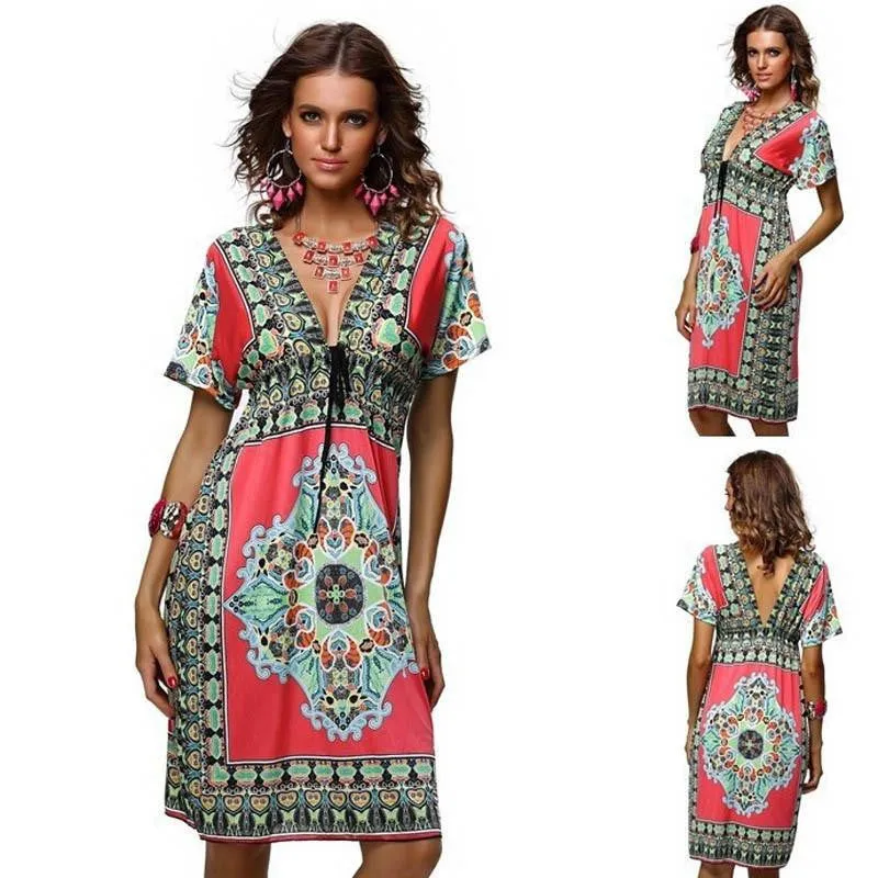 Women Summer Dress 1970s Vintage Paisley Print V Neck Hippie Bohemian Beach Dress