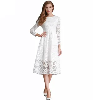 Women White Lace Hollow Out Long Dresses Femme Casual Clothing Women's Slim Party Dress