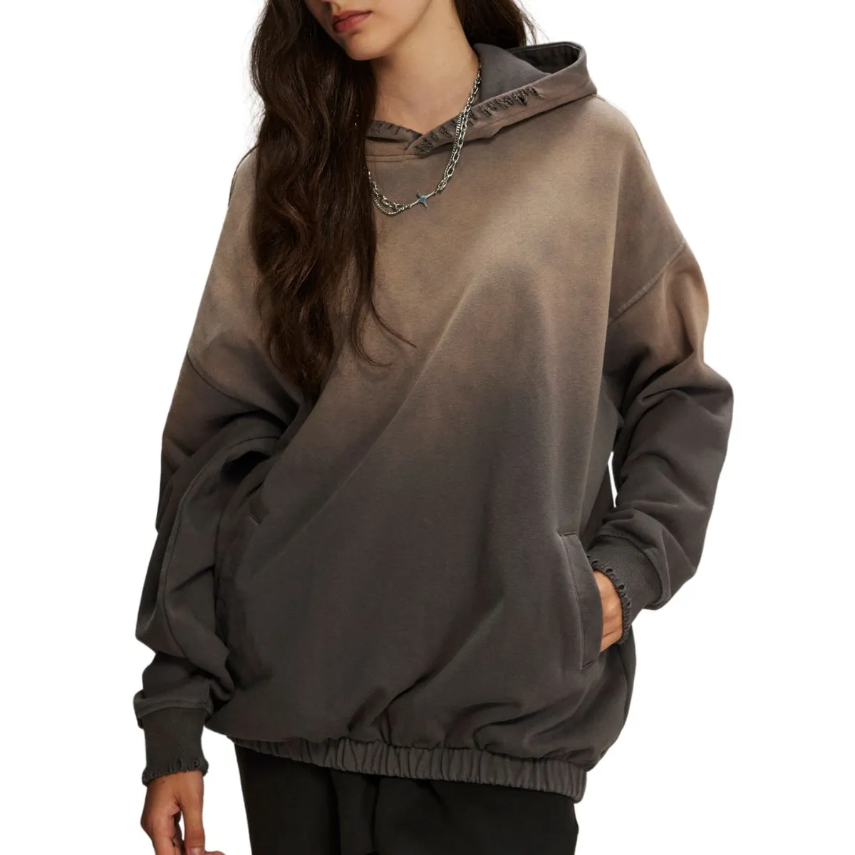 Women's Acid Wash Elastic Hem Hoodie
