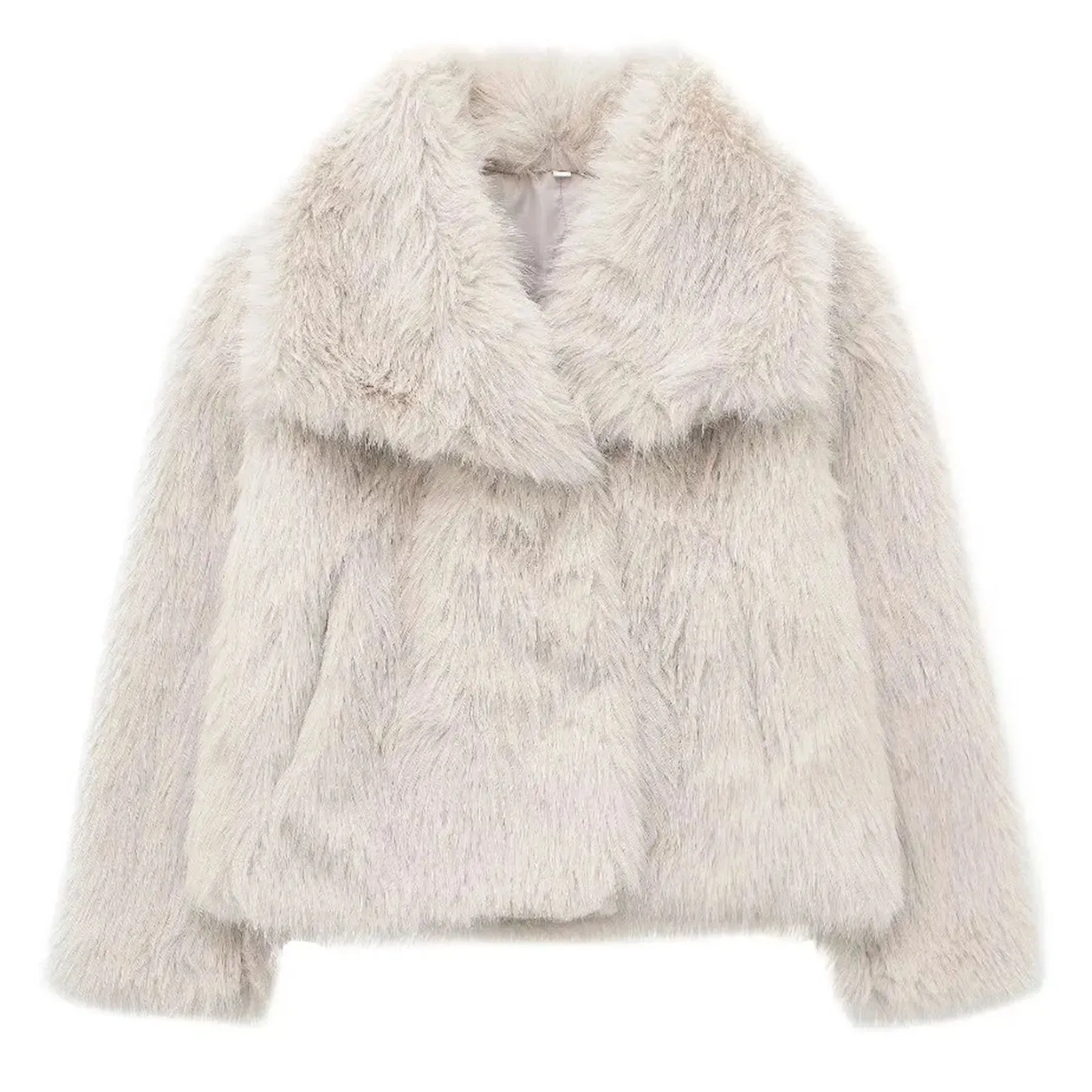 Women's Cropped Faux Fur Long Sleeve Front Snap-Button Lapel Collar Thick Coat