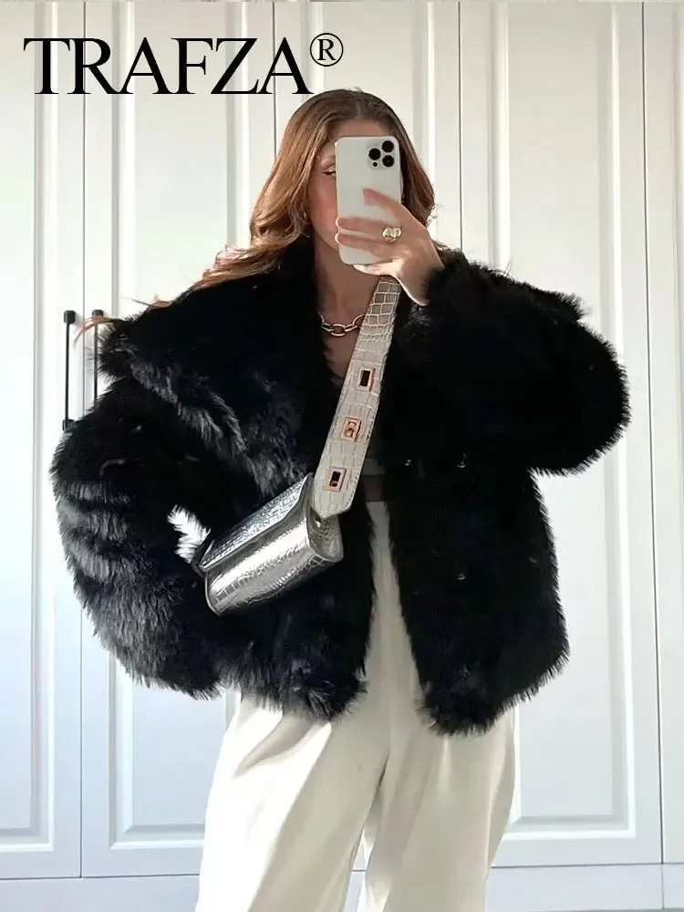 Women's Cropped Faux Fur Long Sleeve Front Snap-Button Lapel Collar Thick Coat
