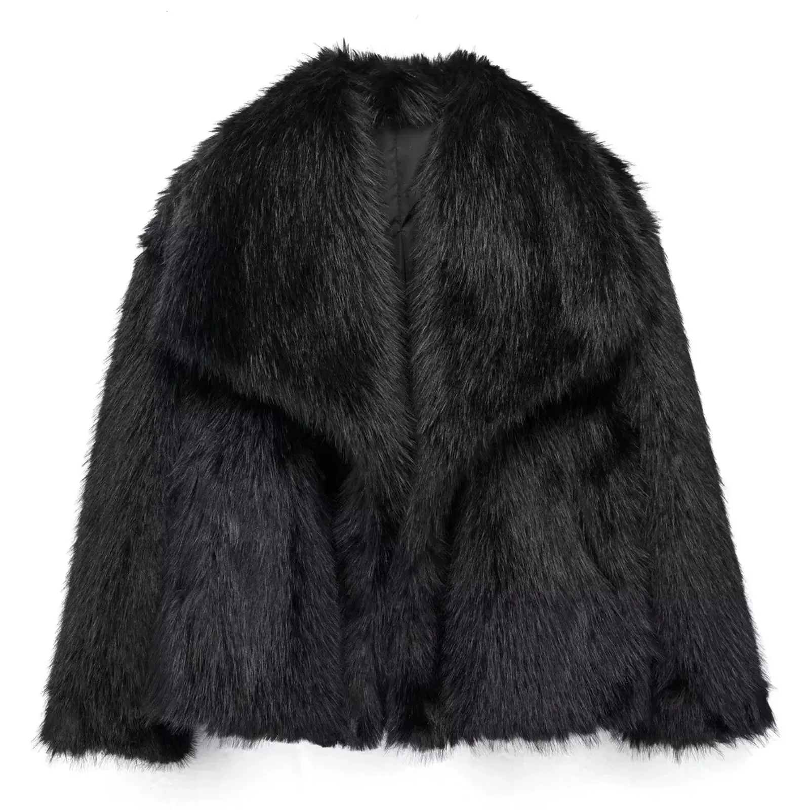 Women's Cropped Faux Fur Long Sleeve Front Snap-Button Lapel Collar Thick Coat