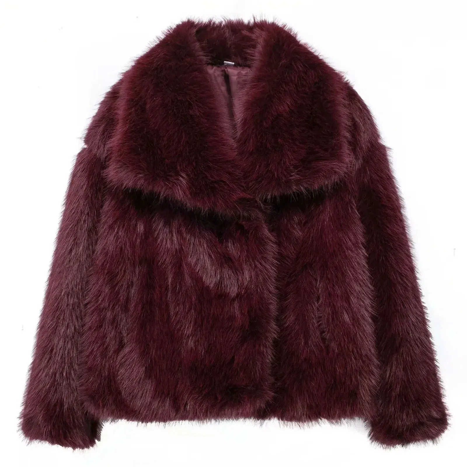 Women's Cropped Faux Fur Long Sleeve Front Snap-Button Lapel Collar Thick Coat