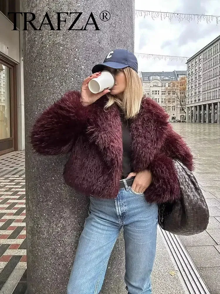 Women's Cropped Faux Fur Long Sleeve Front Snap-Button Lapel Collar Thick Coat