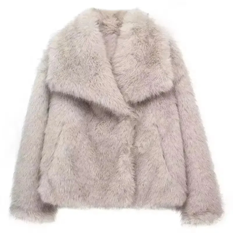 Women's Cropped Faux Fur Long Sleeve Front Snap-Button Lapel Collar Thick Coat