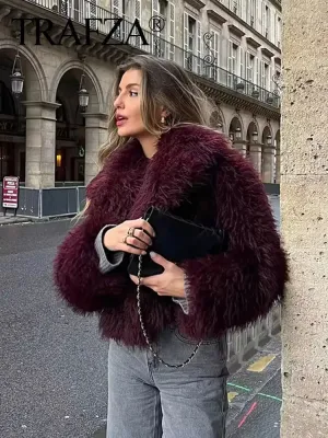 Women's Cropped Faux Fur Long Sleeve Front Snap-Button Lapel Collar Thick Coat