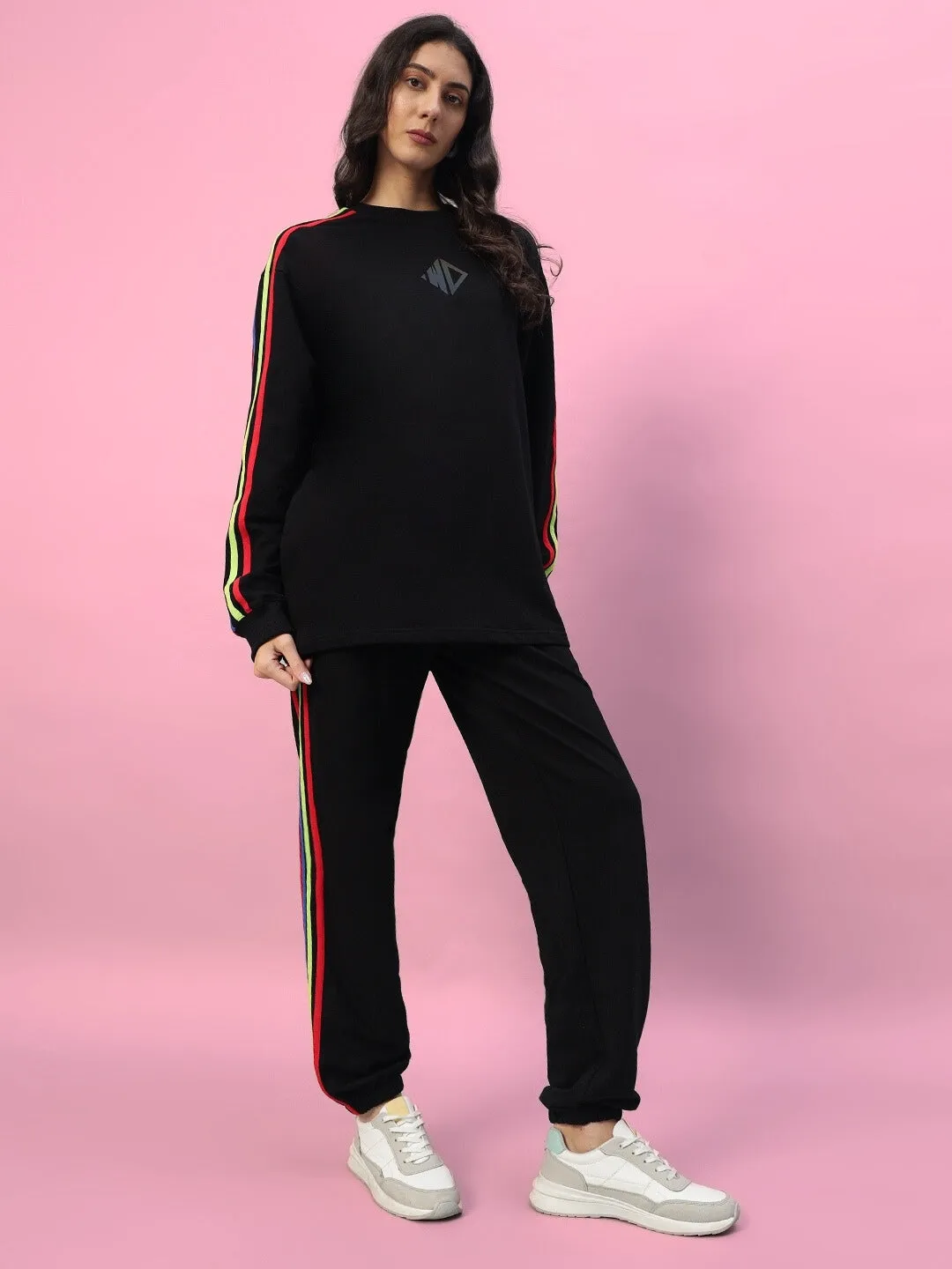 WOMEN'S DUDS RAINBOW COLORFUL STRIPE JOGGERS (BLACK)