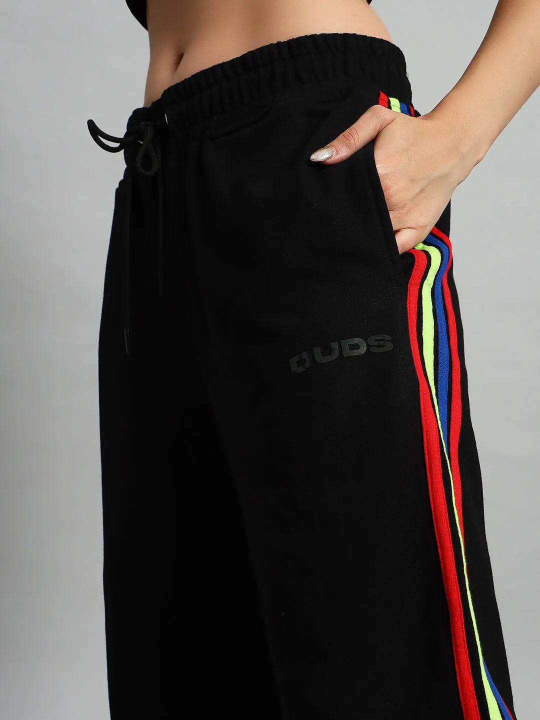 WOMEN'S DUDS RAINBOW COLORFUL STRIPE JOGGERS (BLACK)