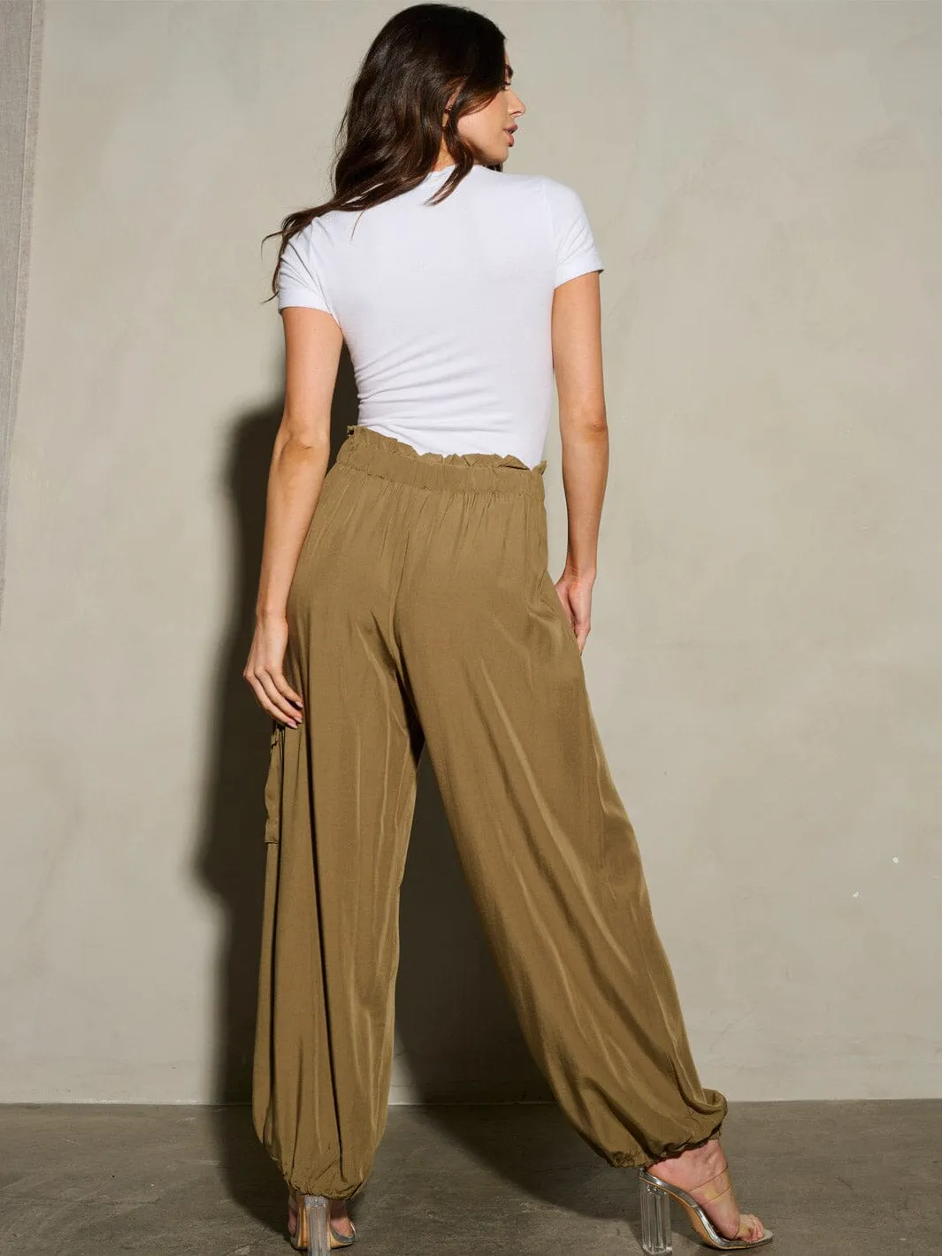 WOMEN'S ELASTIC WAIST SELF TIE JOGGER LEGS POCKETS PANTS