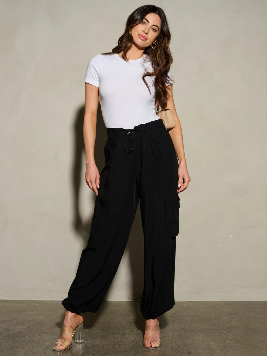 WOMEN'S ELASTIC WAIST SELF TIE JOGGER LEGS POCKETS PANTS