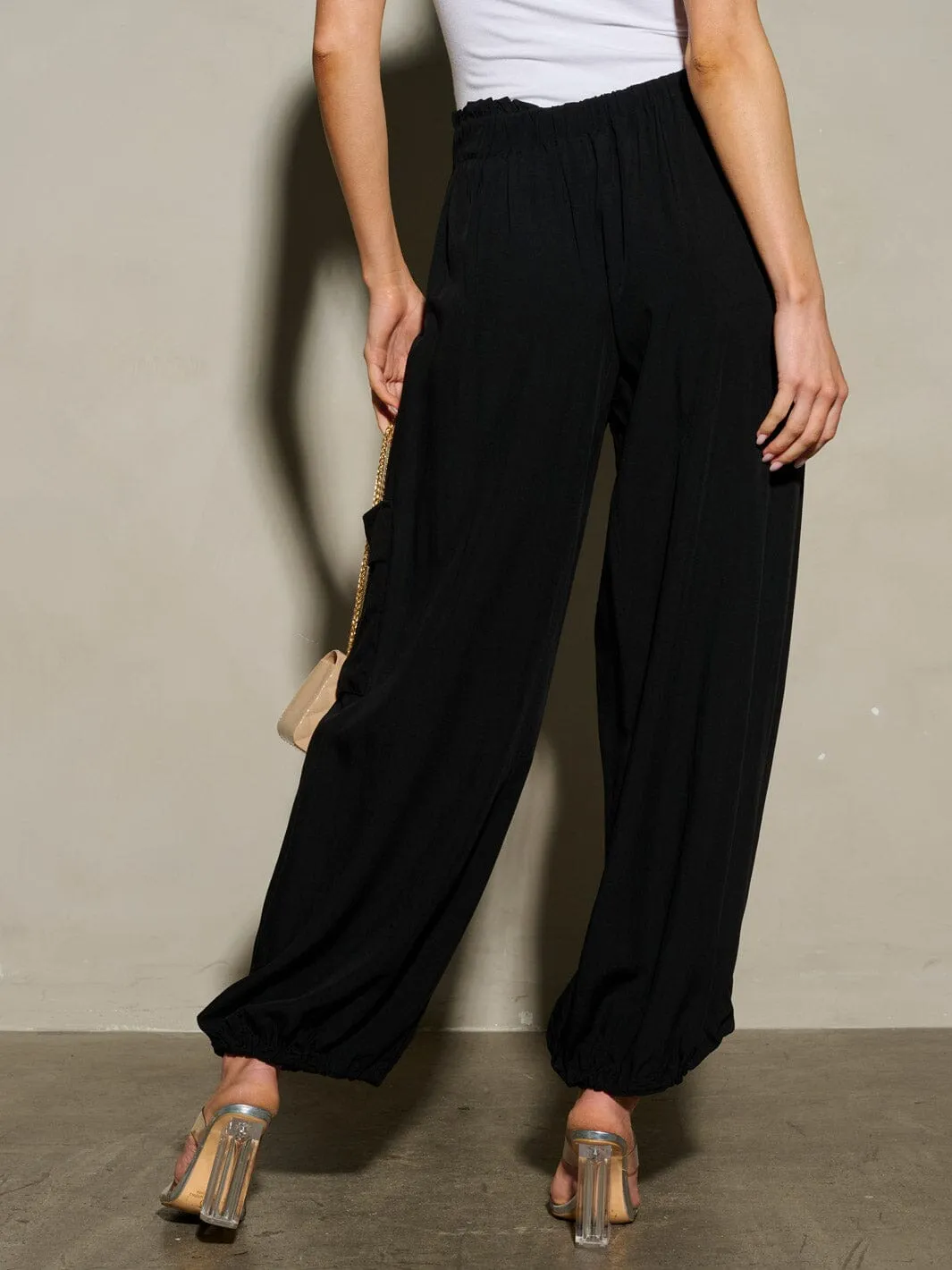 WOMEN'S ELASTIC WAIST SELF TIE JOGGER LEGS POCKETS PANTS