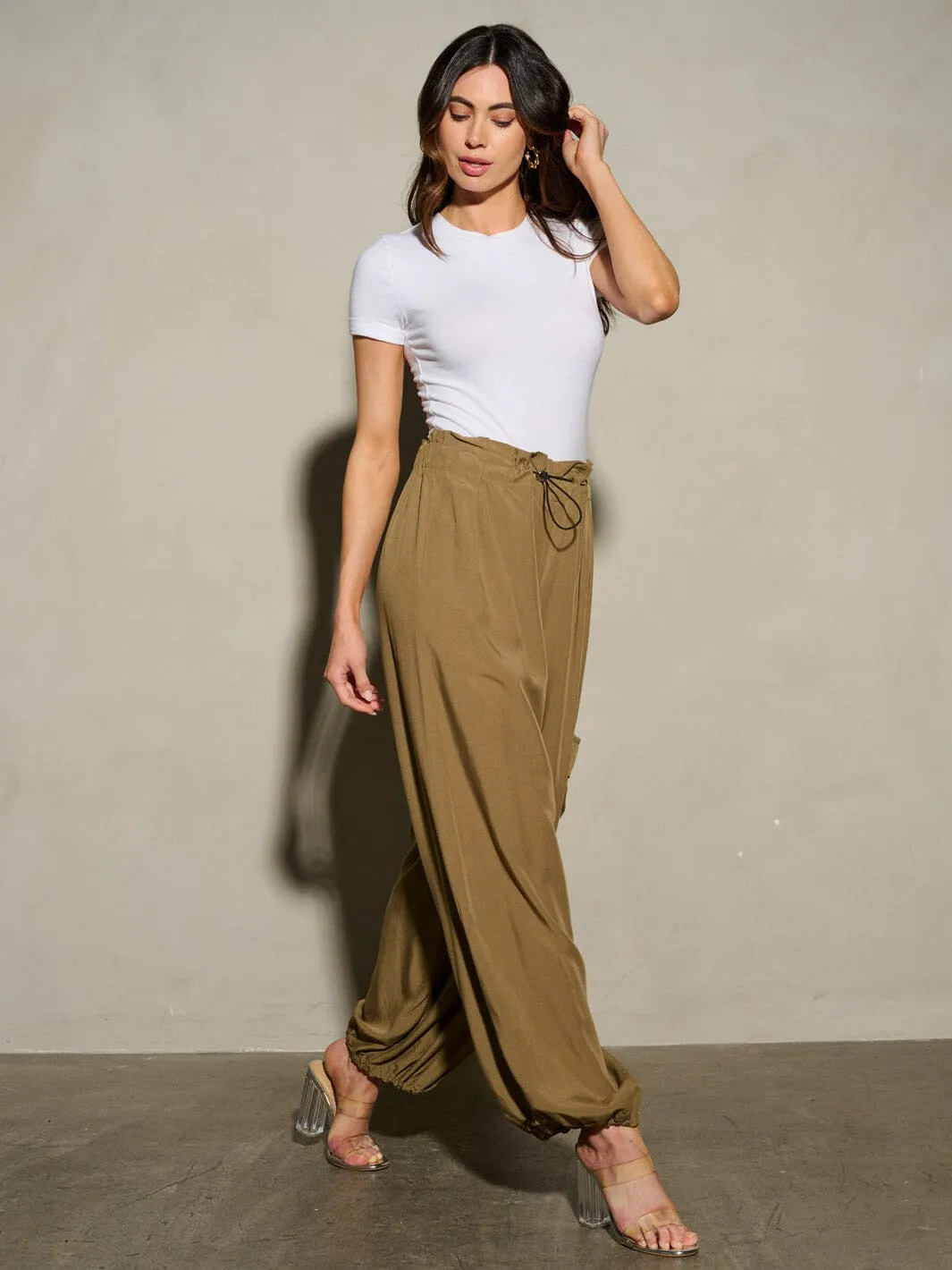WOMEN'S ELASTIC WAIST SELF TIE JOGGER LEGS POCKETS PANTS