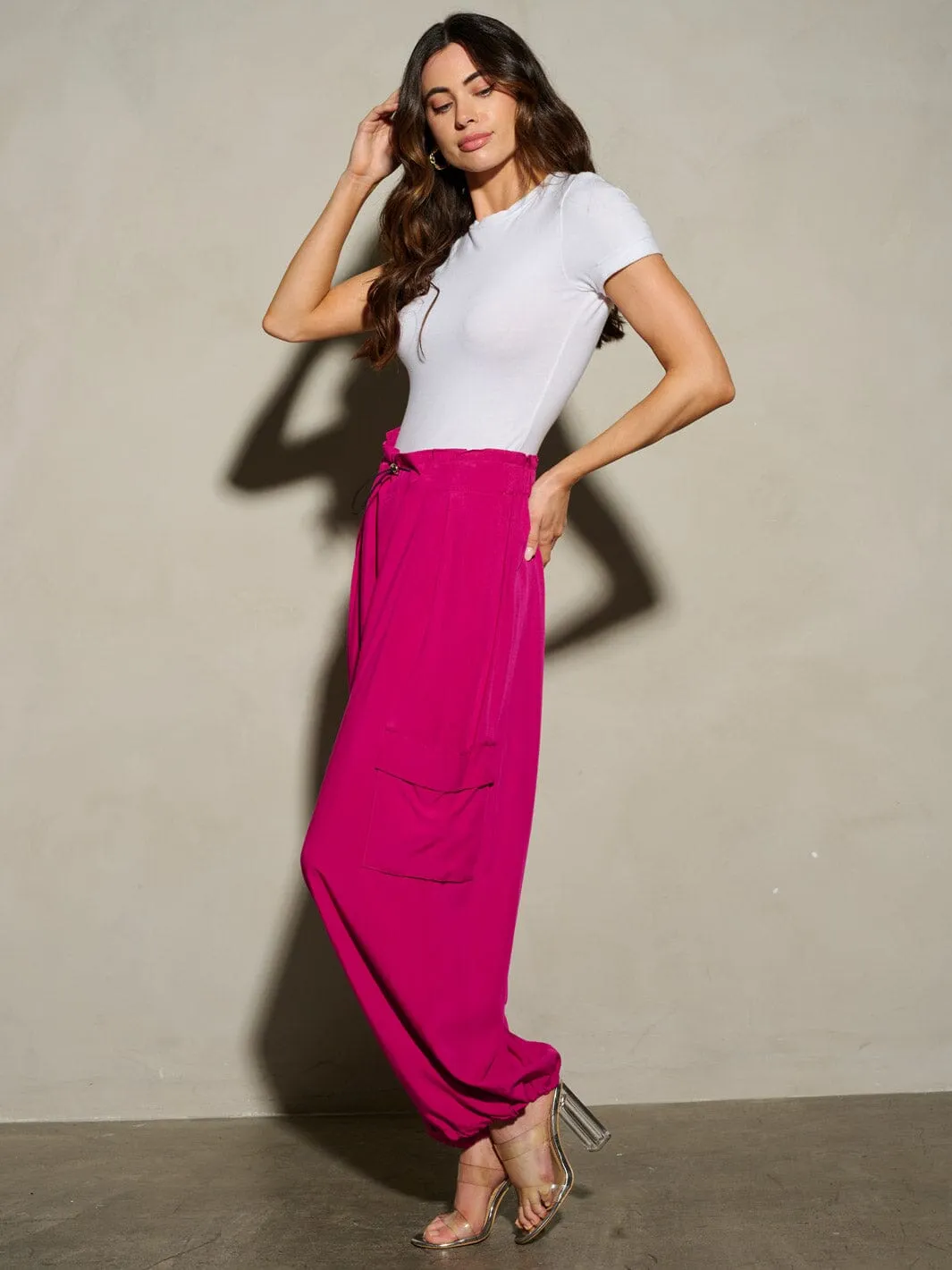 WOMEN'S ELASTIC WAIST SELF TIE JOGGER LEGS POCKETS PANTS