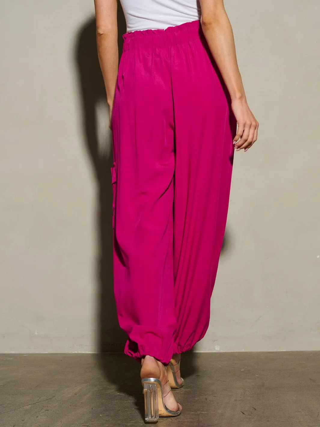 WOMEN'S ELASTIC WAIST SELF TIE JOGGER LEGS POCKETS PANTS