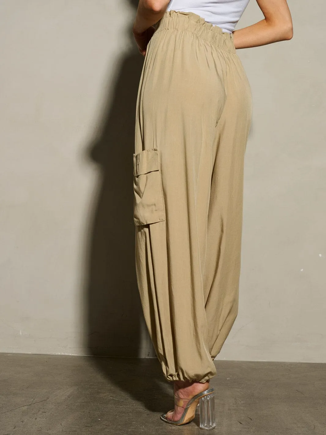 WOMEN'S ELASTIC WAIST SELF TIE JOGGER LEGS POCKETS PANTS