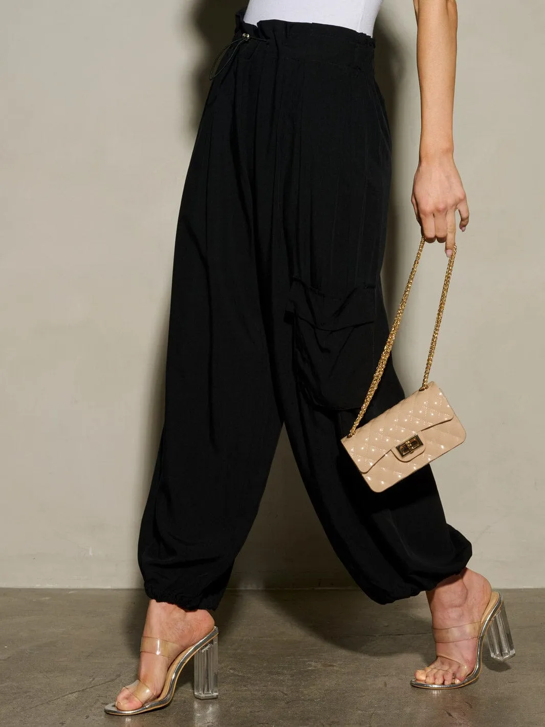 WOMEN'S ELASTIC WAIST SELF TIE JOGGER LEGS POCKETS PANTS