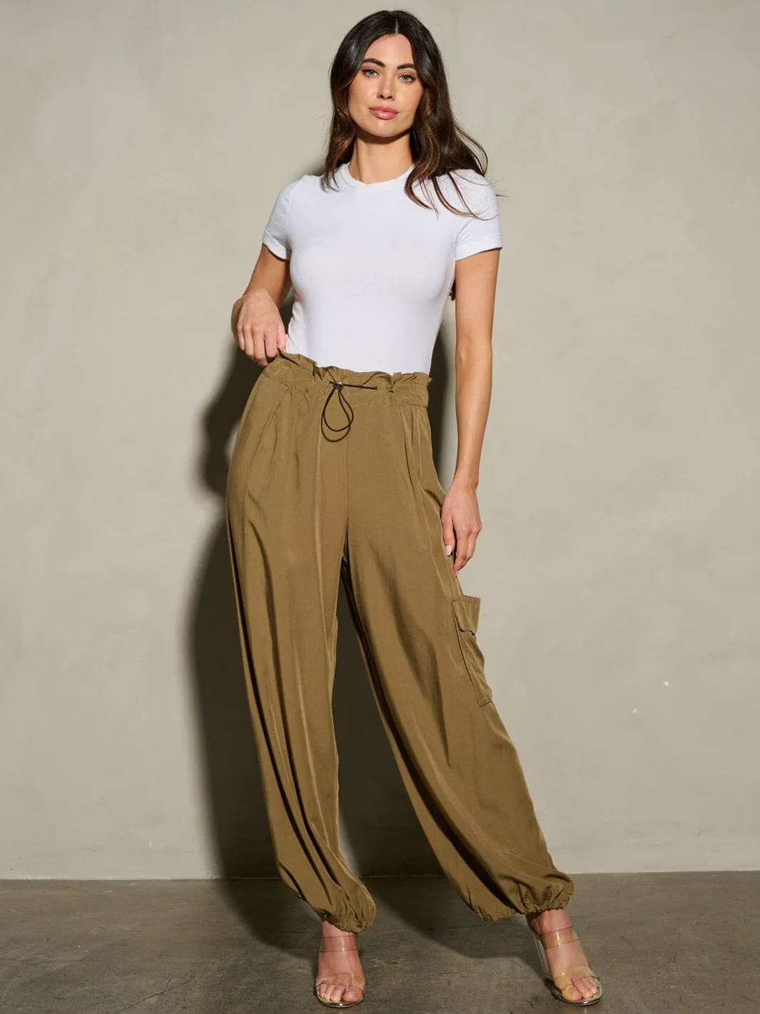 WOMEN'S ELASTIC WAIST SELF TIE JOGGER LEGS POCKETS PANTS