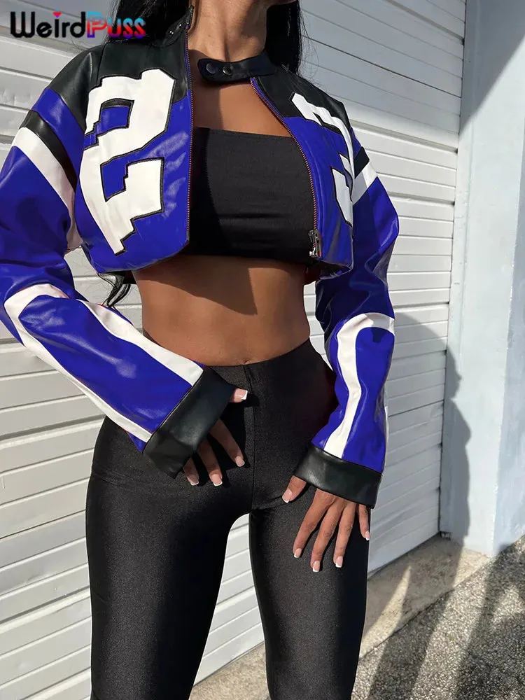 Women's Faux Leather Hipster Letter Print Crop Jacket