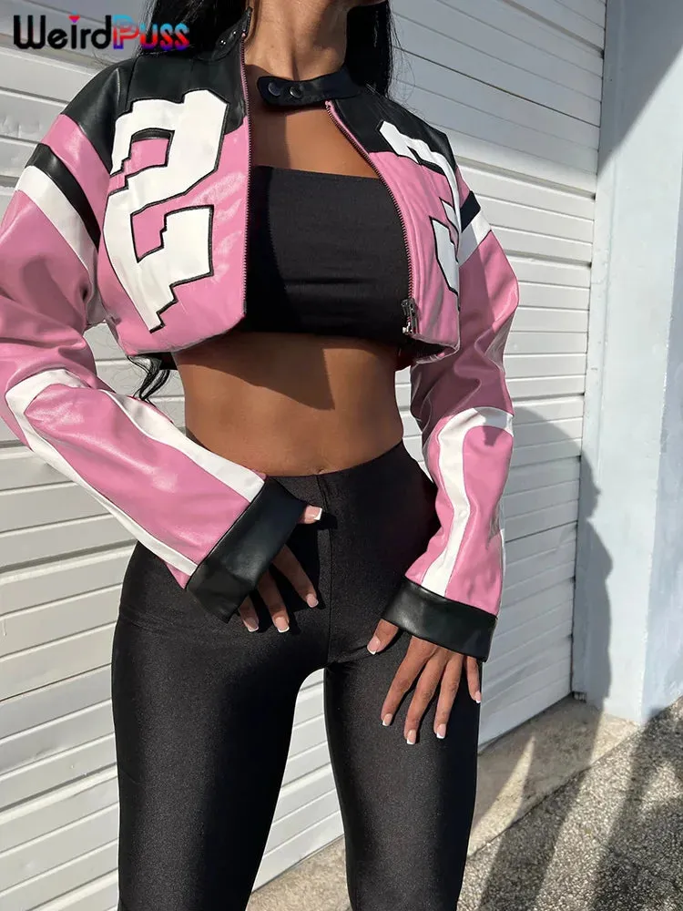 Women's Faux Leather Hipster Letter Print Crop Jacket