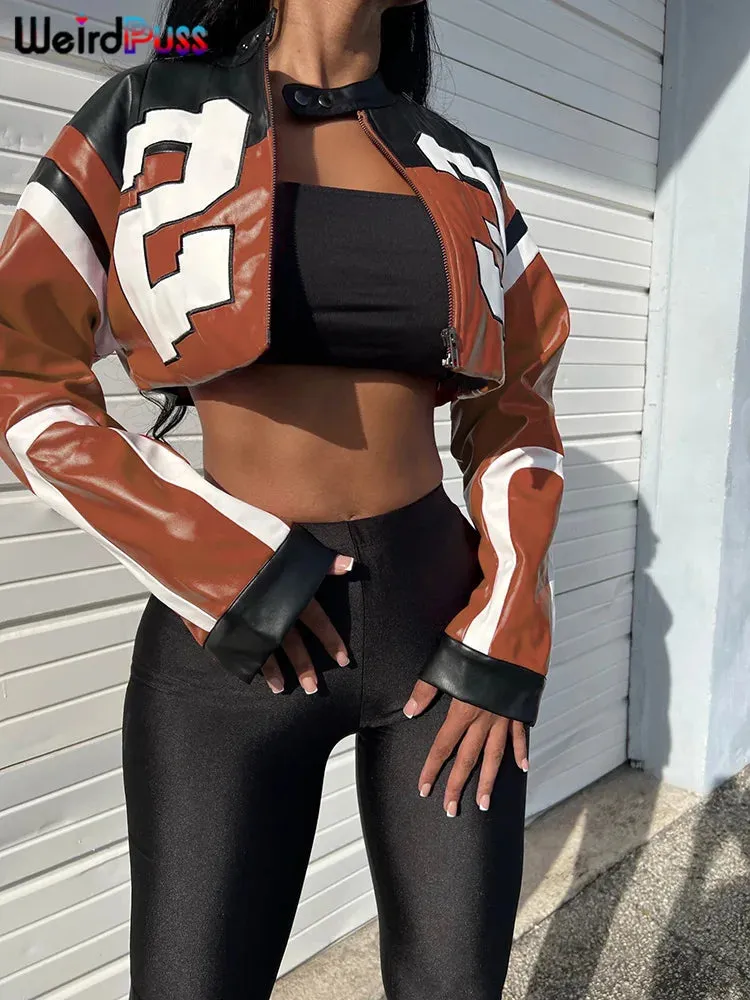 Women's Faux Leather Hipster Letter Print Crop Jacket