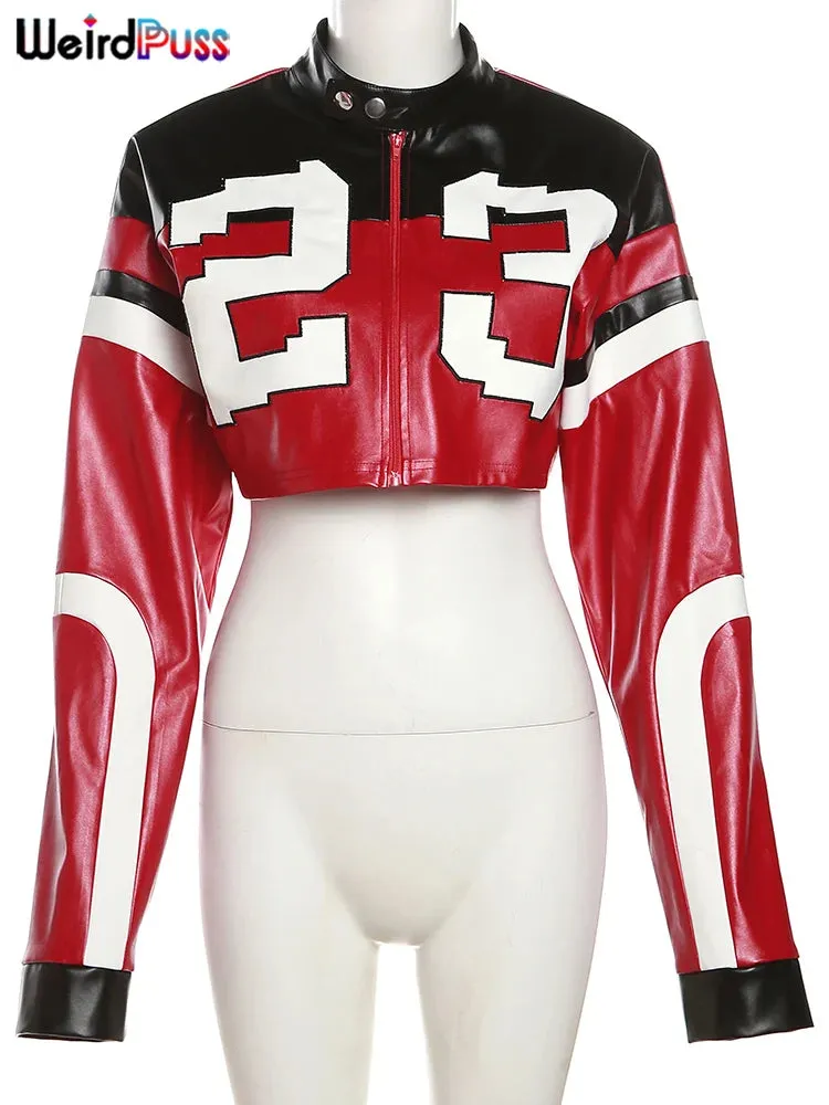 Women's Faux Leather Hipster Letter Print Crop Jacket