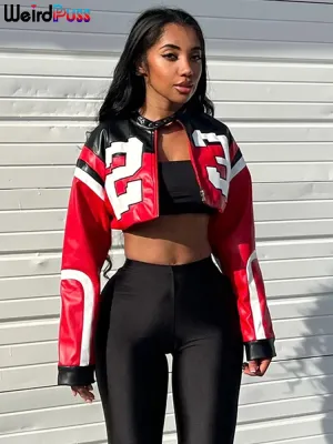 Women's Faux Leather Hipster Letter Print Crop Jacket