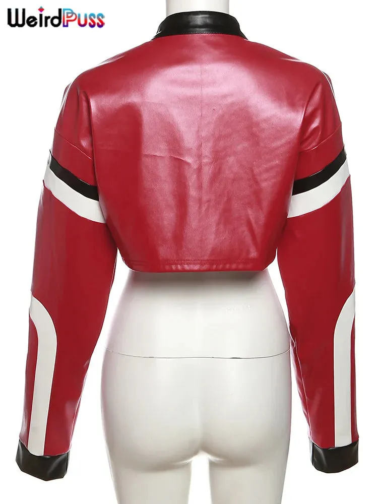 Women's Faux Leather Hipster Letter Print Crop Jacket