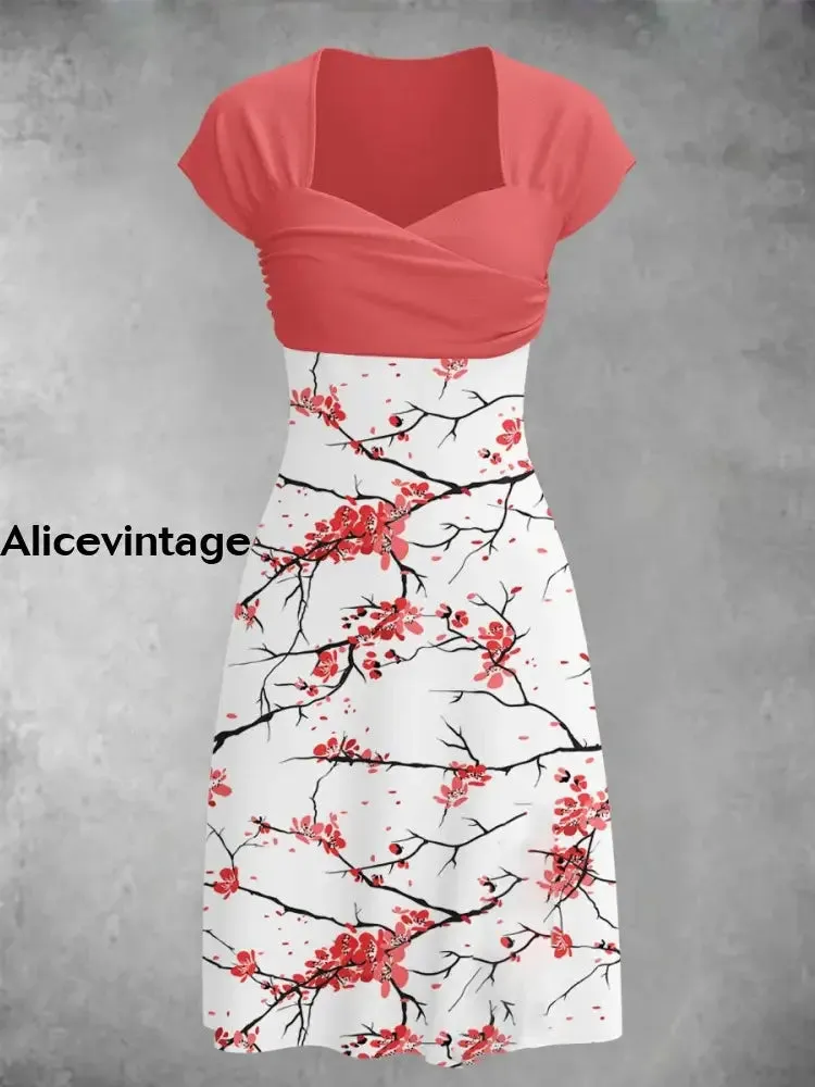Women's Floral Art Print Wrap Midi Dress