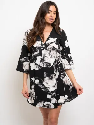 WOMEN'S FLORAL PRINT WIDE 3/4 SLEEVES WRAP DRESS