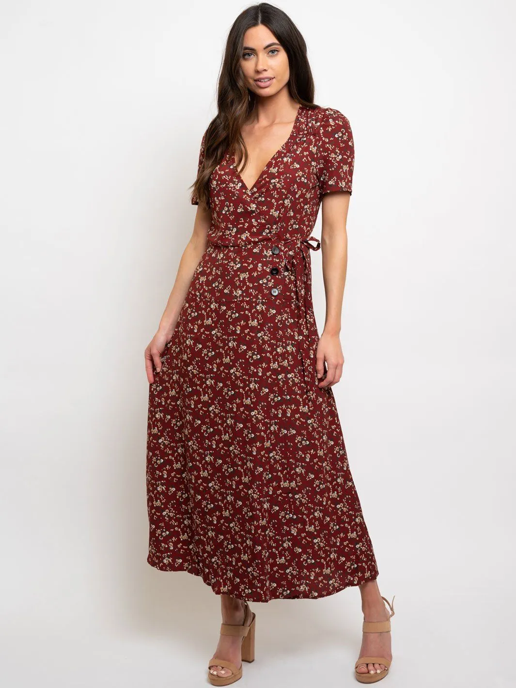 WOMEN'S FLORAL WRAP MIDI DRESS