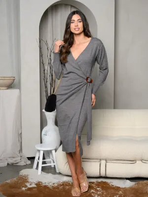 WOMEN'S LONG SLEEVE SELF TIE WRAP MIDI DRESS