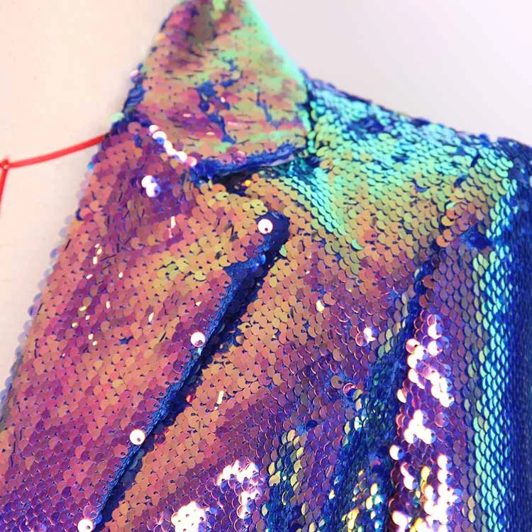 Women's Luxury One Button Rainbow Multi-Color / Sequinned Mid-length Blazer Coat