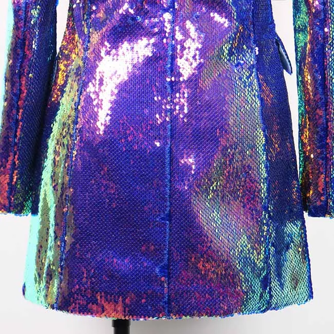 Women's Luxury One Button Rainbow Multi-Color / Sequinned Mid-length Blazer Coat