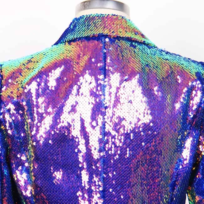 Women's Luxury One Button Rainbow Multi-Color / Sequinned Mid-length Blazer Coat