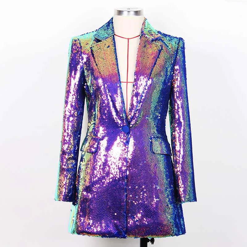 Women's Luxury One Button Rainbow Multi-Color / Sequinned Mid-length Blazer Coat