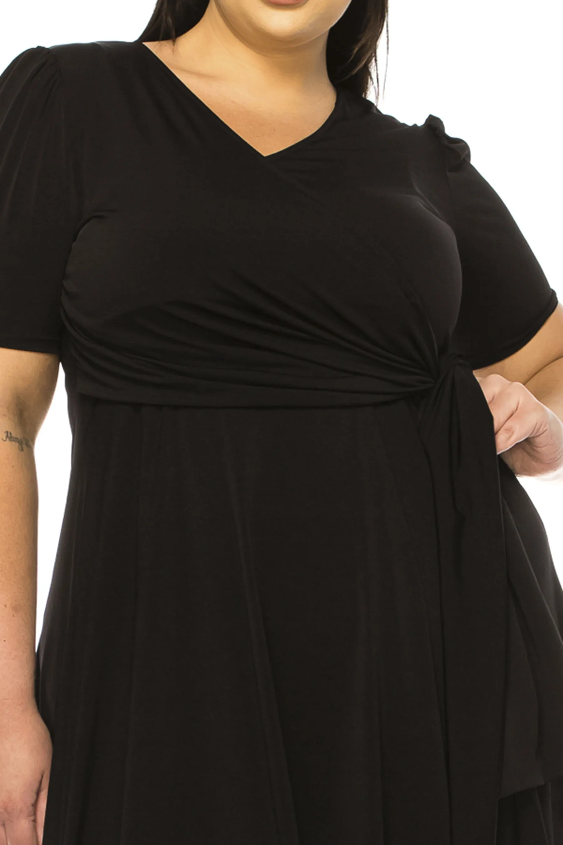 Women's Plus size Stylish Solid Faux Wrap Dress with Deep V-Neck