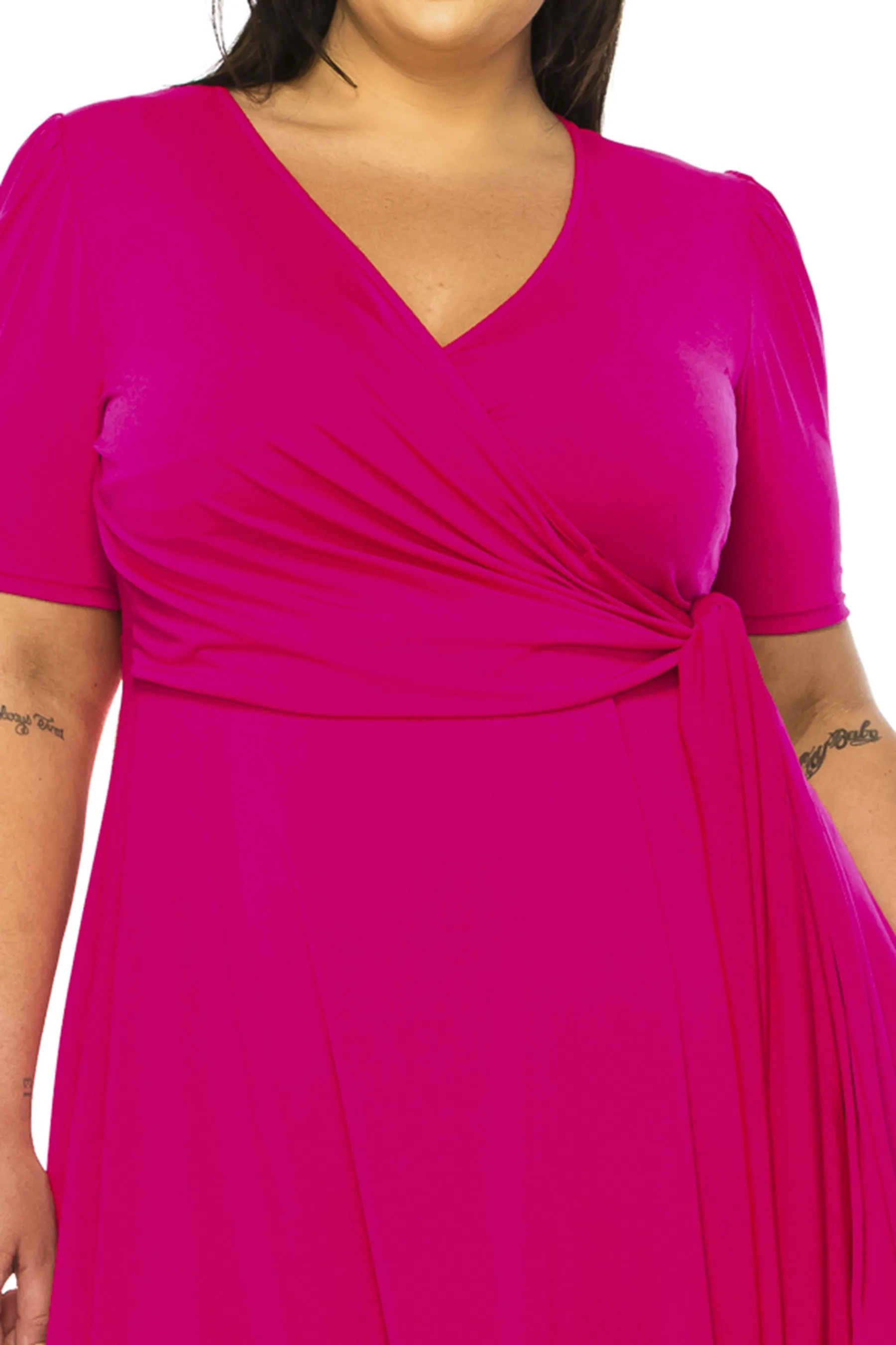 Women's Plus size Stylish Solid Faux Wrap Dress with Deep V-Neck