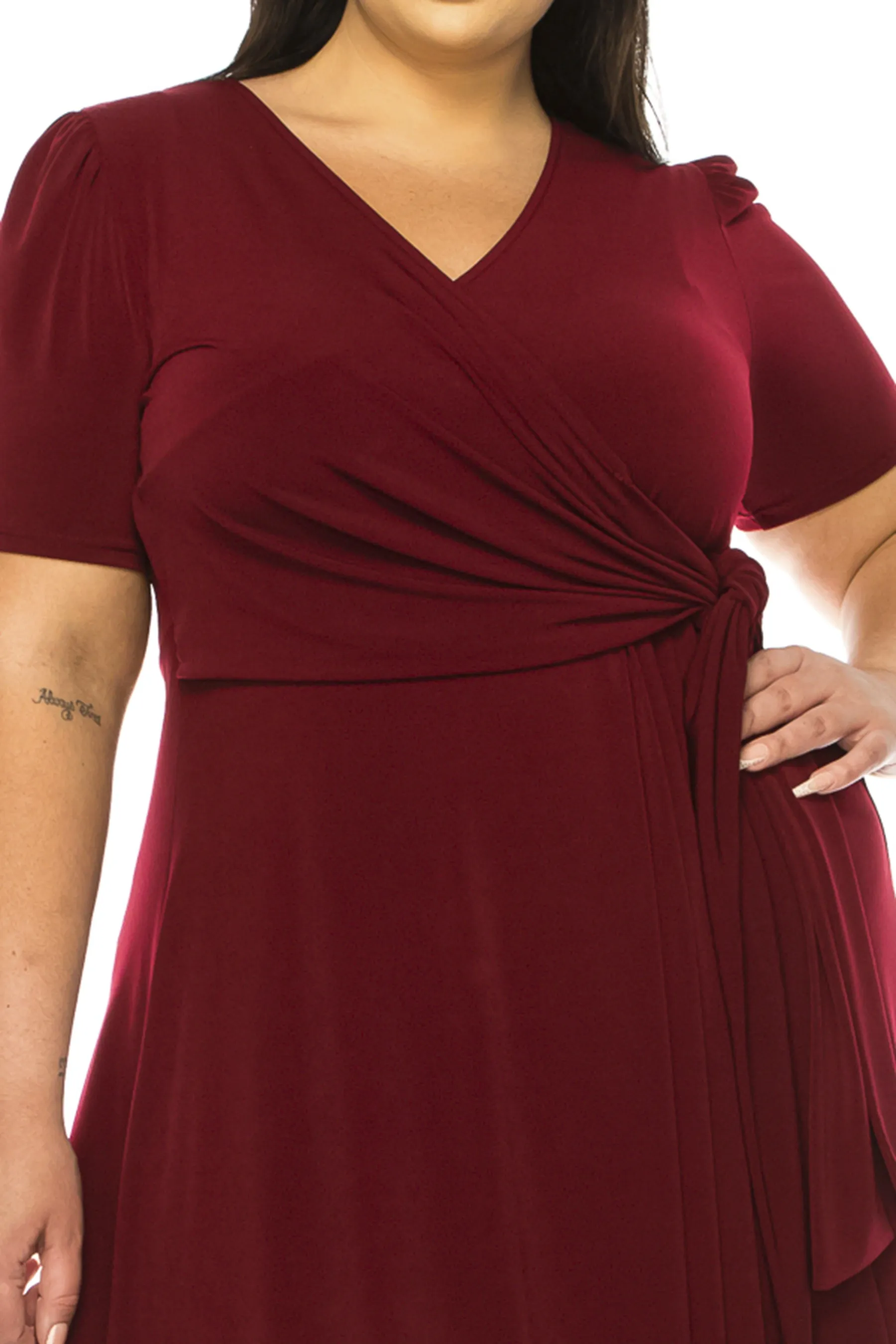 Women's Plus size Stylish Solid Faux Wrap Dress with Deep V-Neck