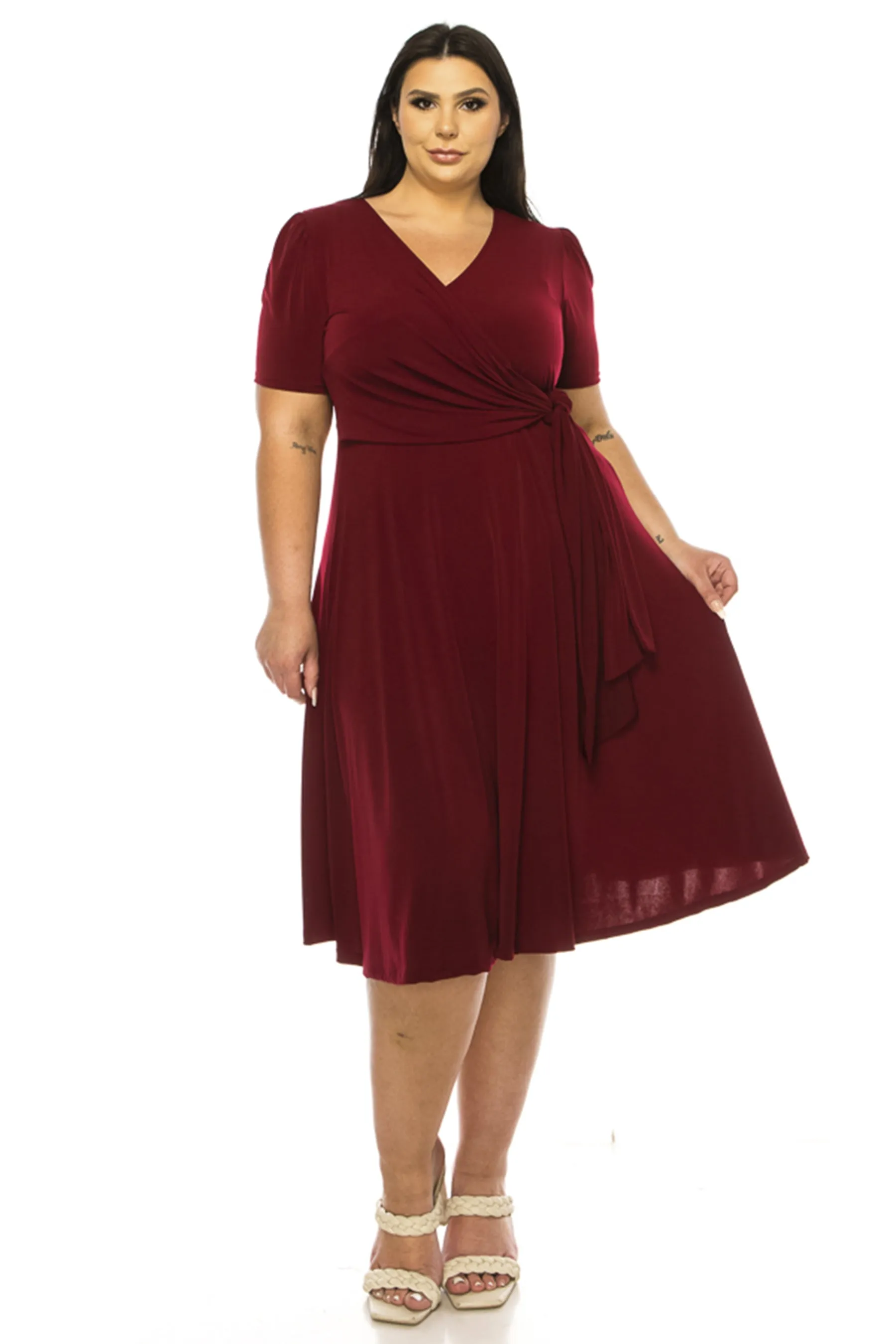 Women's Plus size Stylish Solid Faux Wrap Dress with Deep V-Neck