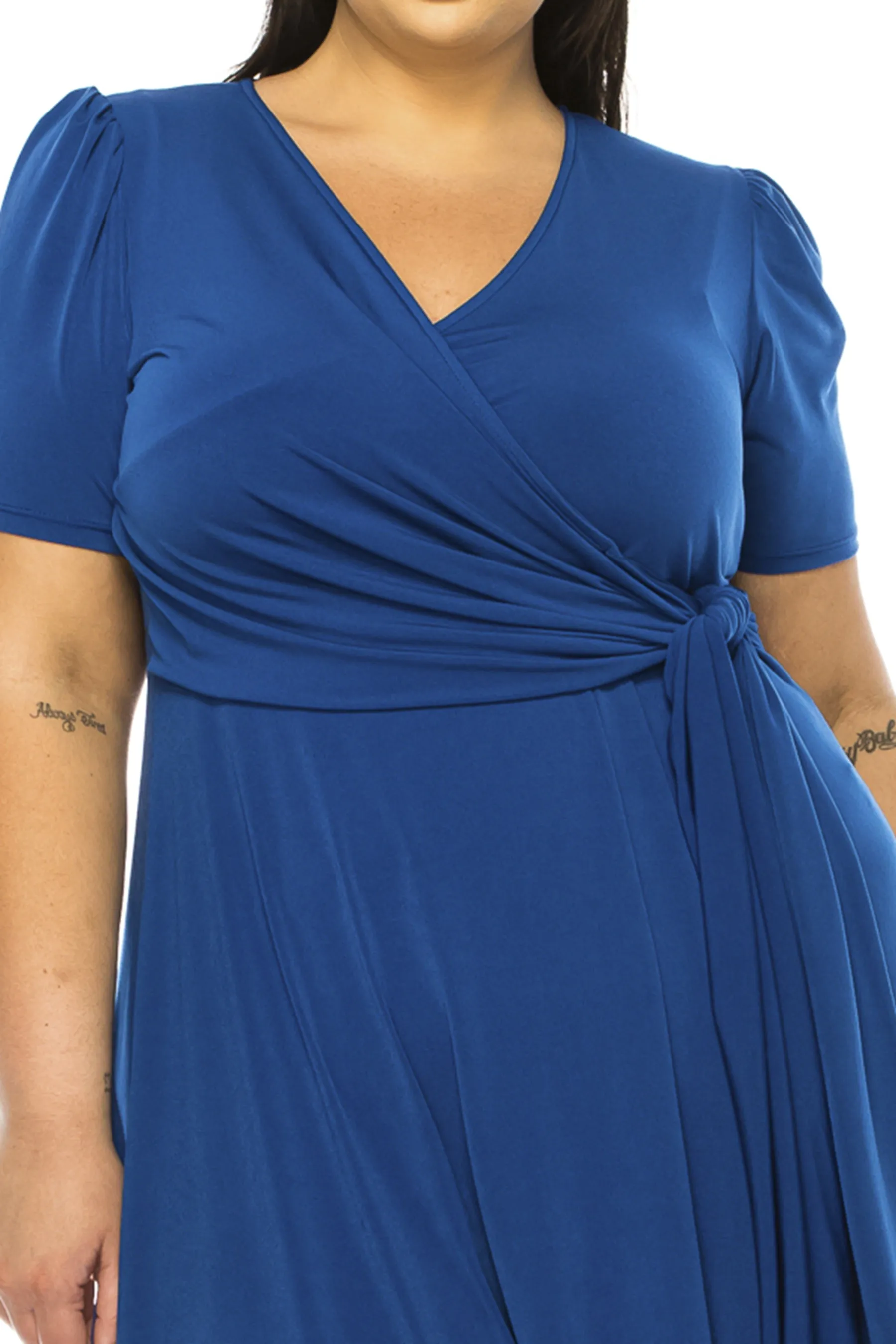 Women's Plus size Stylish Solid Faux Wrap Dress with Deep V-Neck